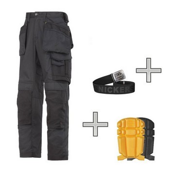 SNICKERS 3211 COOLTWILL TROUSERS WORK PACK BLACK WITH KNEE PADS & BELT (35W, 32L)