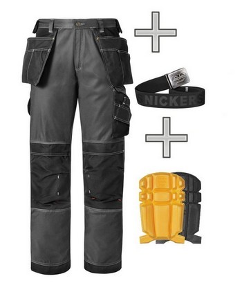 SNICKERS 3212 DURATWILL TROUSER WORK PACK BLACK / GREY WITH KNEE PADS & BELT (33W, 30L)