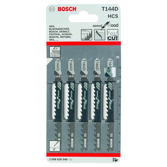 Bosch 2608630040 Pack Of 5 T144D Speed Cut Wood Jigsaw Blades 5-50mm