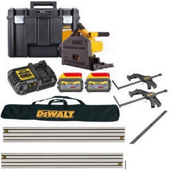 DEWALT DCS520T2-GB 54v FLEXVOLT XR PLUNGE SAW WITH 2 x 6.0ah LI-ION BATTERIES, 2 RAILS, JOINING BAR, BAG & CLAMPS