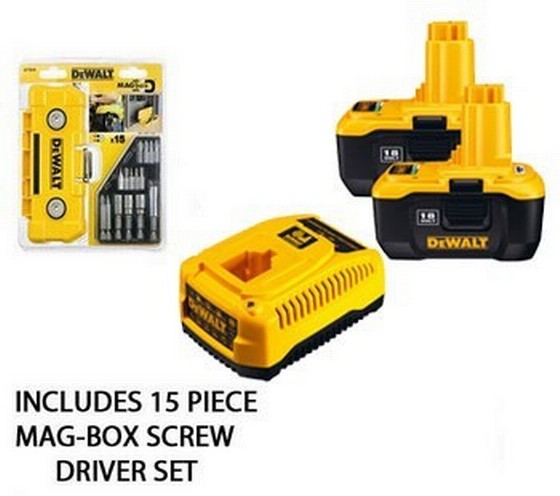 DEWALT DE9180PAK 2 X 18V LI-ION BATTERIES 2.0Ah + 18V CHARGER WITH FREE DEWALT BIT SET