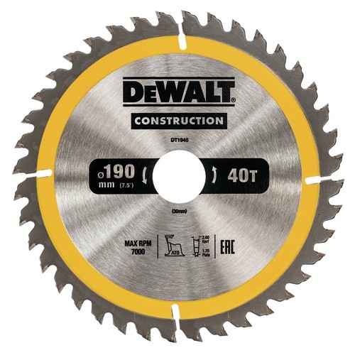 DEWALT DT1945-QZ CONSTRUCTION CIRCULAR SAW BLADE 40TX30X190MM