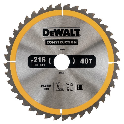 DEWALT DT1953-QZ CONSTRUCTION CIRCULAR SAW BLADE 40TX30X216MM