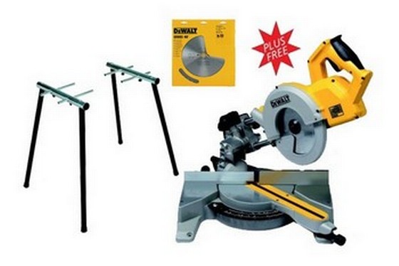 DEWALT DW777S 216MM SLIDE COMPOUND MITRE SAW 240V (+ STAND & FREE BLADE)