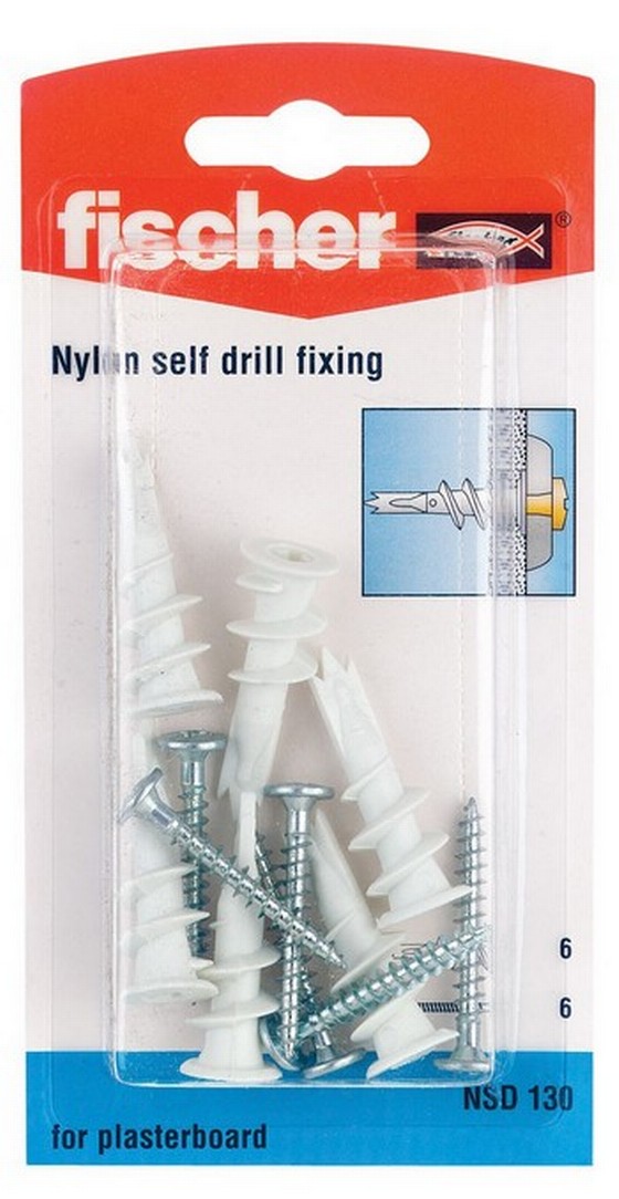 Fischer 42821 Nsd132 Pack Of 25 Nylon Self Drill Plasterboard Fixings