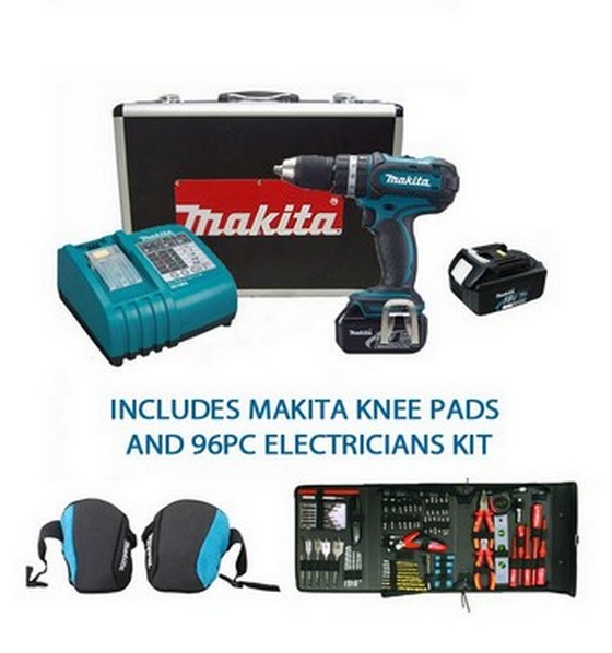 MAKITA BHP452RFX 18V COMBI DRILL 2 x 3Ah BATTERIES WITH KNEE PADS AND 96PC ELECTRICTIANS KIT