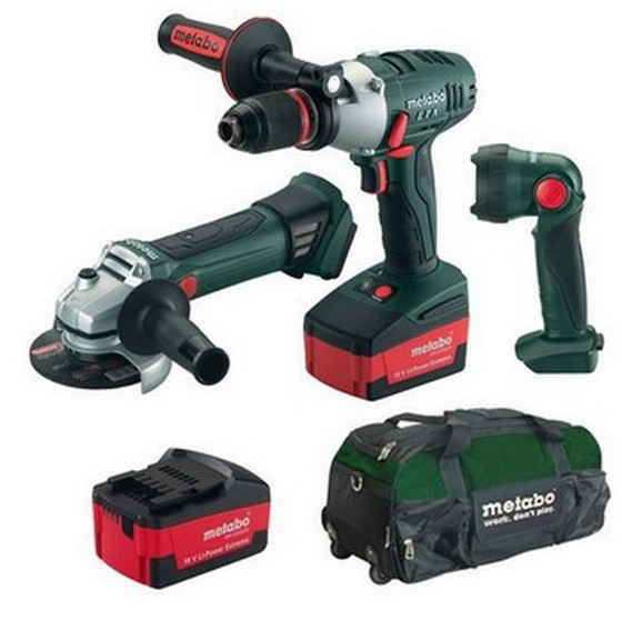 METABO SB18LTX 18V H/D COMBI DRILL + W18 ANGLE GRINDER + TORCH, 2 X 4.0ah BATTERIES
