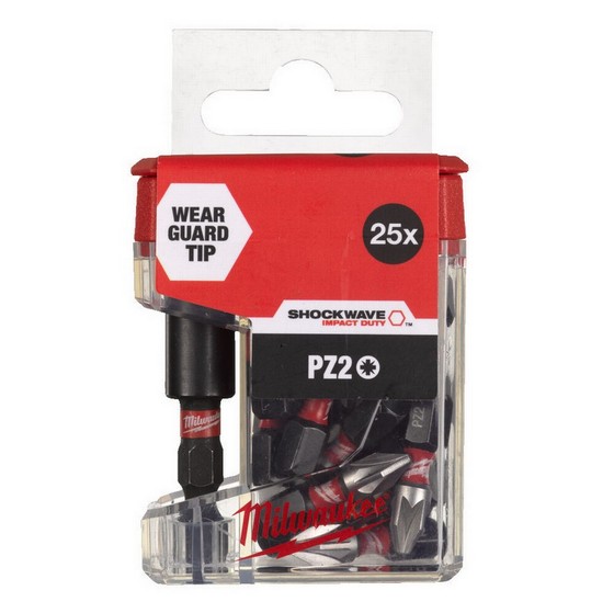 MILWAUKEE 4932479857 SHOCKWAVE IMPACT RATED PZ2 25MM SCREWDRIVER BITS (25 PIECE) + FREE MAGNETIC BIT HOLDER