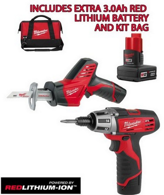 MILWAUKEE C12D 12V SCREWDRIVER WITH C12HZ HACKSAW 2 X 1.5ah RED LITHIUM BATTERIES + 3Rd BATTERY & KIT BAG