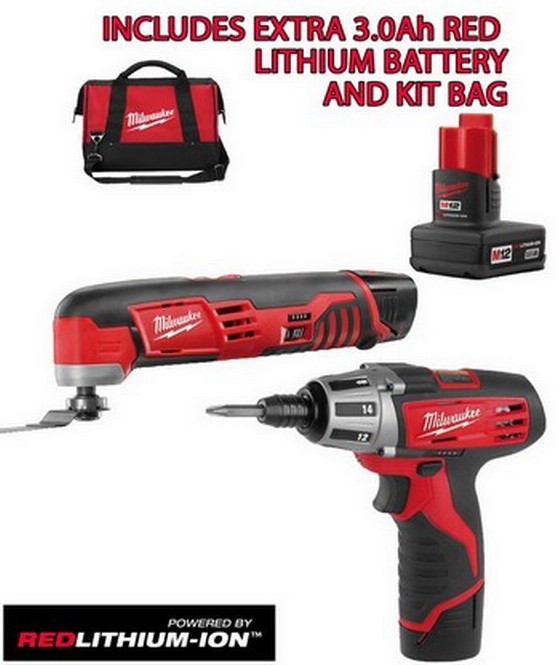 MILWAUKEE C12D 12V SCREWDRIVER WITH C12MT MULTI TOOL 2 X 1.5ah RED LITHIUM BATTERIES + 3Rd BATTERY & KIT BAG