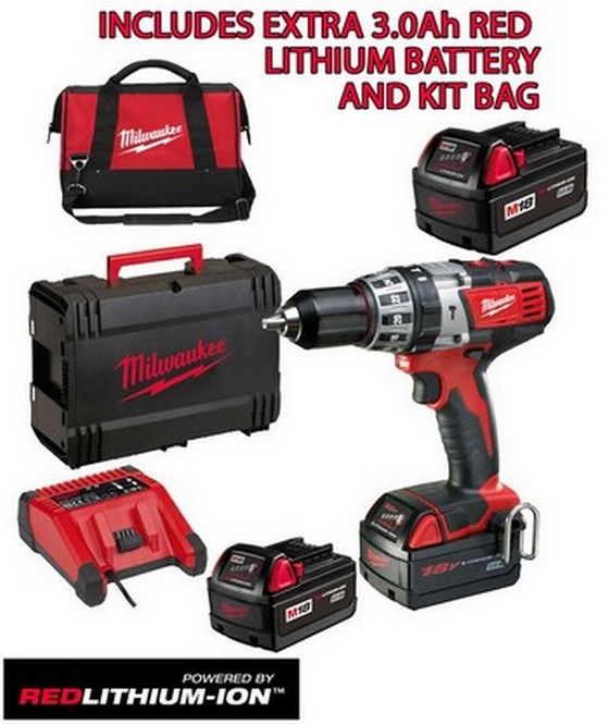 MILWAUKEE C18PD-32 18V COMBI DRILL 2 X 3.0ah RED LITHIUM BATTERIES + 3RD BATTERY AND BAG
