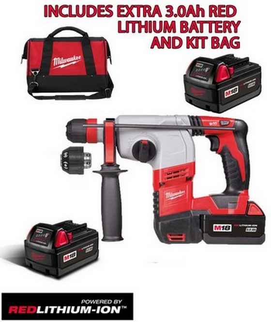 MILWAUKEE HD18HX-32 18v SDS+ DRILL 2 x 3.0ah RED LITHIUM BATTERIES INCLUDES 3RD BATTERY AND BAG