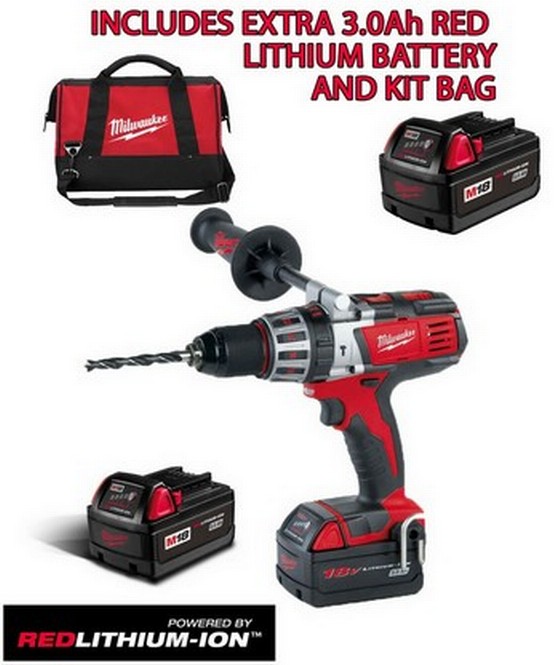 MILWAUKEE HD18PD-32 18V HEAVY DUTY COMBI DRILL 2 x 3Ah RED LITHIUM BATTERIES + 3RD BATTERY AND BAG