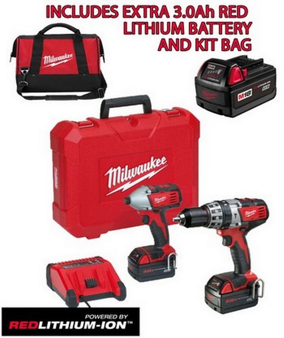 MILWAUKEE HD18PP2A 18V LITHIUM-ION TWIN PACK 2 X 3.0ah RED Li-ion BATTERIES INCLUDES 3Rd BATTERY AND KIT BAG