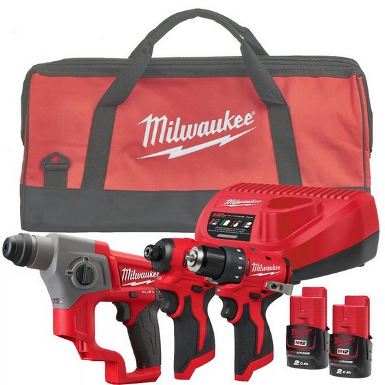 MILWAUKEE M12BLIDRC-0, M12BLDDRC-0, & M12CH-0 TRIPLE KIT 2 X 2.0ah BATTERIES CHARGER & BAG