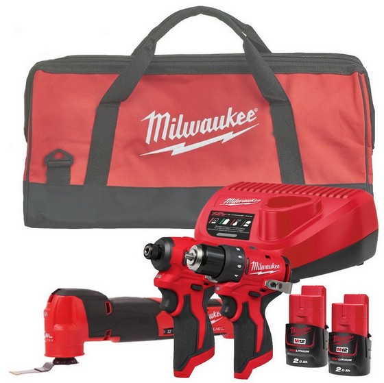 MILWAUKEE M12BLIDRC-0, M12BLDDRC-0, & M12FMT-0 TRIPLE KIT 2 X 2.0ah BATTERIES CHARGER & BAG