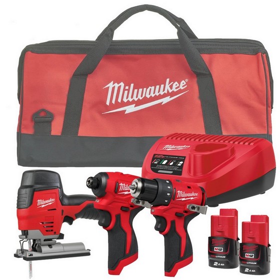MILWAUKEE M12BLIDRC-0, M12BLDDRC-0, & M12JS-0 TRIPLE KIT 2 X 2.0ah BATTERIES CHARGER & BAG