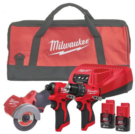 MILWAUKEE M12BLIDRC, M12BLDDRC, & M12FCOT TRIPLE KIT 2 X 2.0ah BATTERIES CHARGER & BAG