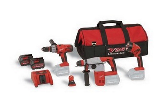 MILWAUKEE M28 PACK G 28V SDS DRILL + COMBI DRILL, 2 BATTERIES, CHARGER, BELT CLIP & CONTRACTORS BAG