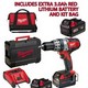 MILWAUKEE C18PD-32 18V COMBI DRILL 2 X 3.0ah RED LITHIUM BATTERIES + 3RD BATTERY AND BAG