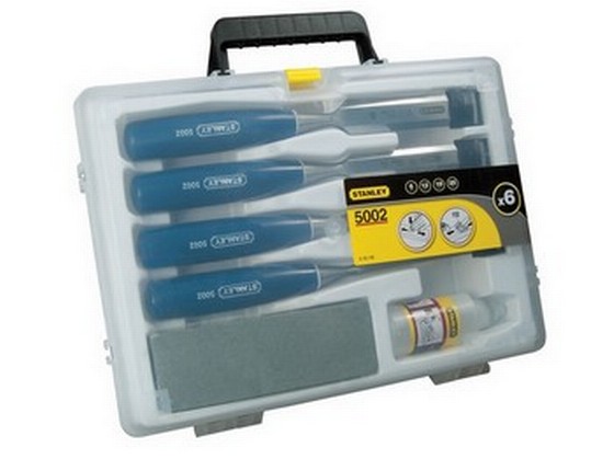 STANLEY 4 PIECE CHISEL SET, SHARPENING STONE AND HONING OIL