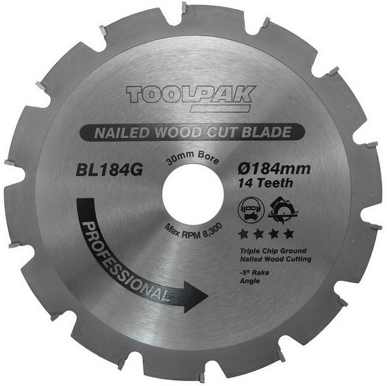 TOOLPAK BL184G 184MM X 30MM X 14T NAILED WOOD TCT SAW BLADE