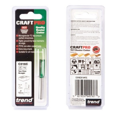 TREND C016CX1/4TC TWO FLUTE STRAIGHT CUTTER TCT ROUTER BIT 1/4 INCH SHANK D=10MM C=25MM 