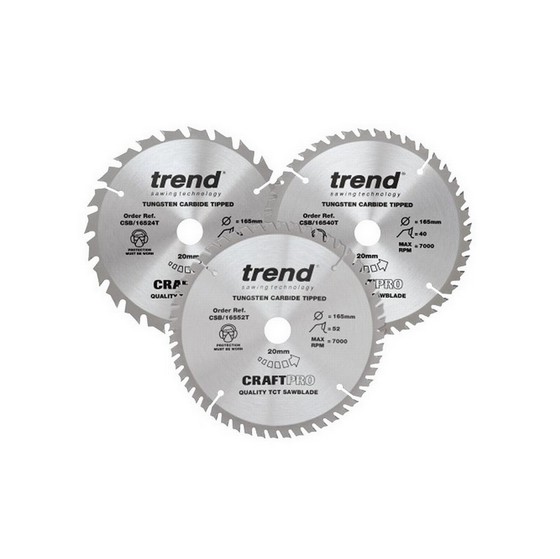 TREND CSB/165/3PK/B CRAFT TCT SAW BLADES 24/404/52Tx20x165mm (PACK OF 3)
