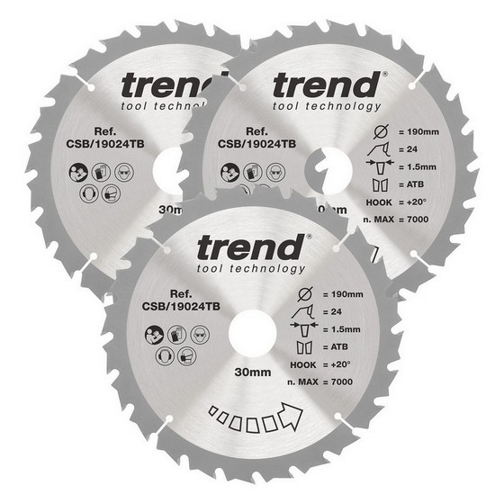 TREND CSB/190/3PK/A WOOD SAWBLADE 190 x 30 x 24T (3 PACK)
